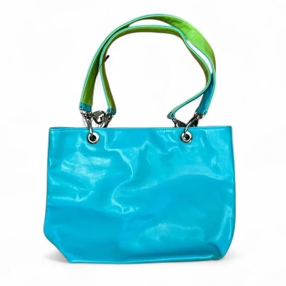 NWOT Vintage Fragile by XOXO blue and lime green vinyl purse - Picture 1 of 6